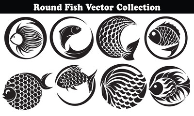 Set of round fish silhouette in line art style for website and graphics design