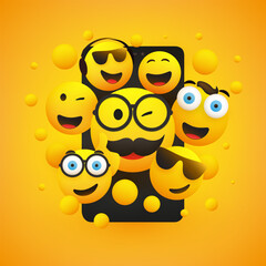Many Smiling Happy Yellow Emoticons with Various Facial Expressions in Front of a Smartphone Screen, Having Good Time Using a Social Media Service, Mobile App - Vector Concept Illustration