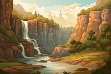 Illustration of landscape with waterfall and canyon, Generative AI