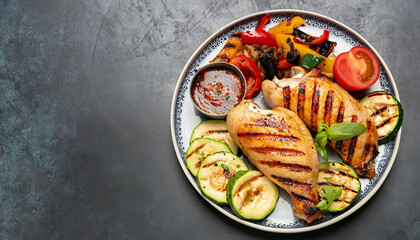 plate of grilled chicken with vegetables on dark background, top view