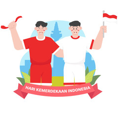 Two Men Embracing On Indonesia's Independence Day Illustration