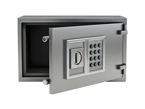 Open wall safe with digital keypad isolated on transparent background. 3D illustration