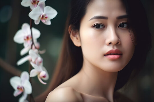 Beautiful young Thai woman in orchid greenhouse at dawn. Photorealistic illustration generative AI.