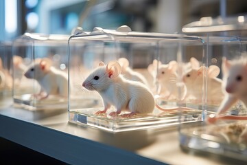 Laboratory mice isolated in a glass boxes in a modern laboratory. Research in the field of virology and the creation of innovative vaccines. AI generated image.