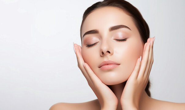 Relaxed  young woman making cosmetological procedure touching her face with fingers