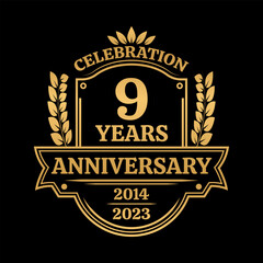 9 years anniversary icon or logo. Vintage birthday banner design. 9th anniversary jubilee celebration badge or label. Vector illustration.