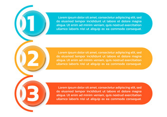 3 steps info graphic, number options, text box banners. Business presentation, layout templates. Infographic design elements, menu with three sections. Vector illustration.