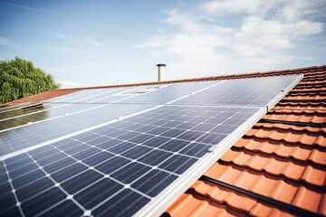  Concept of green energy.  A solar panel on the roof of a house