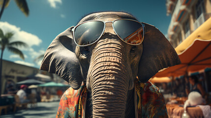 Fototapeta na wymiar 海のバカンスを楽しむサングラスをかけた象
