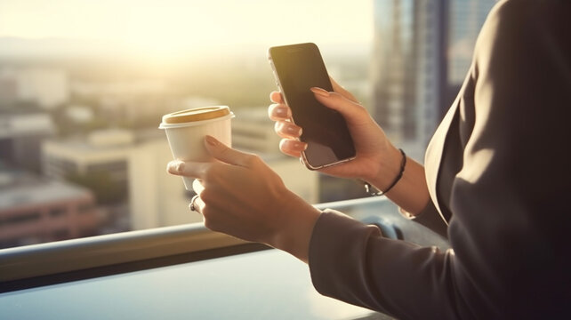 Businesswoman using smartphone and holding a cup of coffee standing at window workplace, AI generated.