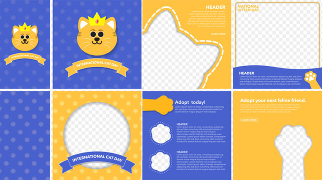 Mega Set of International Cat Day Greeting Cards and social media Templates. Celebrated on August 8. Editable Vector Illustration. EPS 10. 