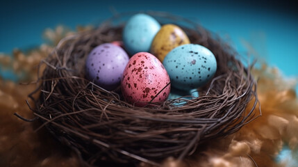Naklejka na ściany i meble Close up bird nest with colorful Easter eggs isolated on