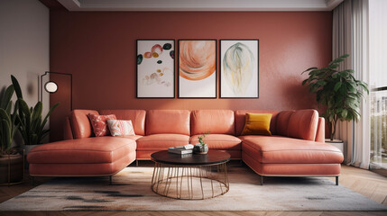 Coral and terracotta living room accent sectional sofa. The walls are dark beige. great art gallery location.