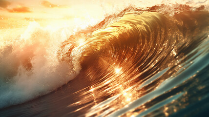 golden ocean wave at sunset. Generative AI - obrazy, fototapety, plakaty