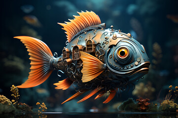 Golden Fish-robot in the sea, 3D, bright illustration, color postcard. Generated AI