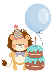 Obraz na płótnie Canvas Cute lion with balloon and happy birthday cake