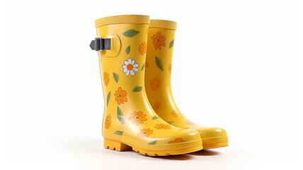 yellow rubber boots with flowers isolated on a white background. Generative AI