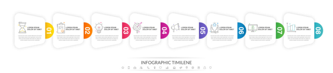 Fototapeta premium Infographics labels vector options template with 8 steps and icons. The modern template can be used for workflow layout, banners, diagrams, business options, projects, web design, marketing