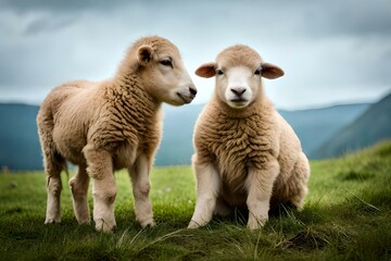   lambs sitting in the green grass  generated Ai technology