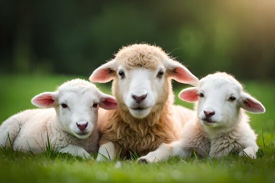   lambs sitting in the green grass  generated Ai technology
