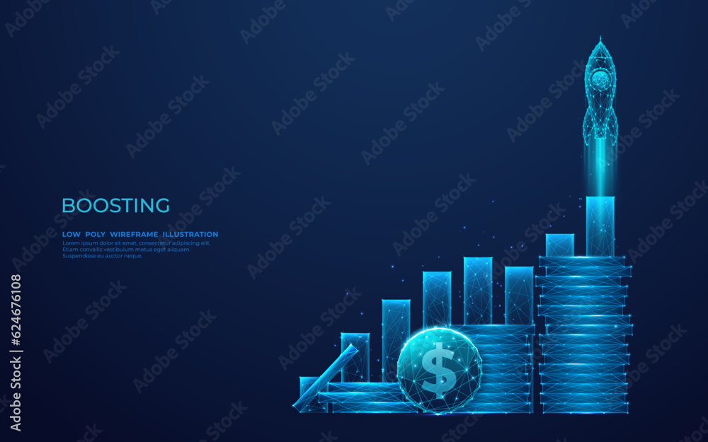 Poster Digital Rocket, coins, and graph chart. Abstract growing diagrams and a stack of dollar coins. Spaceship boosts the statistic candle. Low poly wireframe vector illustration in blue hologram style.
