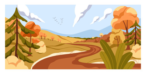 Fototapeta na wymiar Fall nature landscape. Autumn panorama, rural scenery background with trees, plants, path way, footpath, sky horizon. Peaceful tranquil countryside, country panoramic view. Flat vector illustration