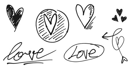 Fototapeta na wymiar Doodle hearts on set. hand drawn style. love symbol. isolated on white background. vector illustration