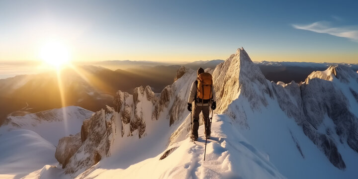 Climber on the way to the top of the mountain - panoramic mountain view with sunrise - theme success, motivation and perseverance - Generative AI