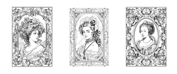 Portrait of beautiful women from Baroque and Renaissance times. Beautiful woman for coloring. Awesome women drawings created with generative AI.


