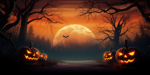 Halloween spooky forest sunset with a glowing eyes of Jack O' Lanterns. Halloween spooky banner. Halloween background.