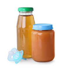Healthy baby food, bottle with juice and pacifier on light grey background