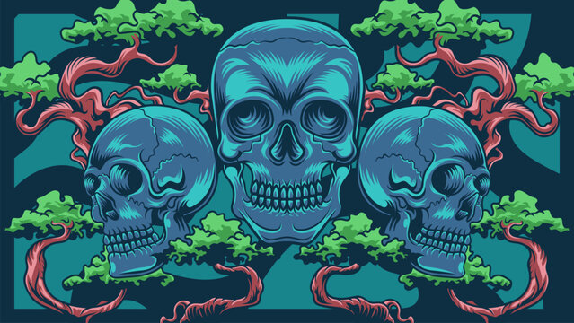vector illustration of three skulls with several bonsai plants great for digital print, textile, wallpaper, t-shirt design