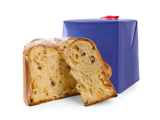 Delicious cut Panettone cake with powdered sugar and box on white background. Traditional Italian pastry