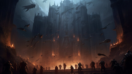 Fototapeta premium pc game simulation online horror castle attack dark forces warriors battle screen. Generative AI