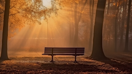 landscape, bench and morning fog in autumn park at sunrise. Generative AI