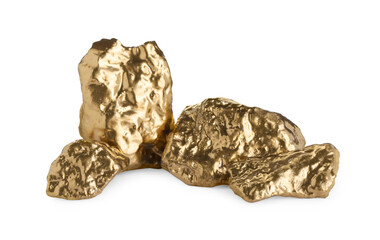 Pile of shiny gold nuggets on white background