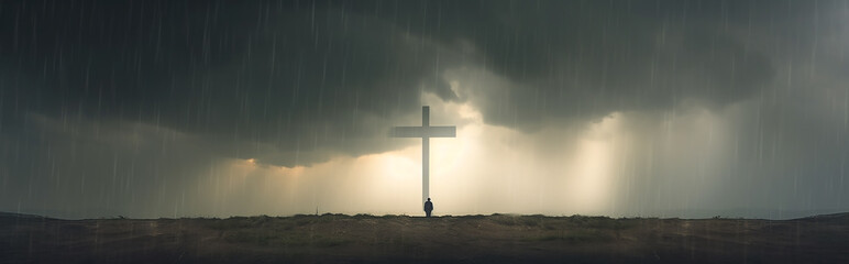 panoramic landscape a lonely man at a glowing cross concept biblical religion. Generative AI