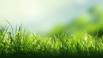 Fototapeta premium green young grass panorama horizontal. Generative AI
