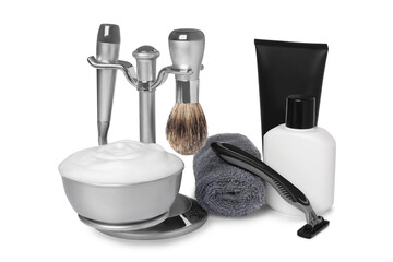 Set of men's shaving tools on white background