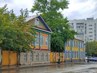 Kazan, Republic of Tatarstan, Russia - 08.24.2021. Buildings in the historical quarter Tatarskaya Sloboda