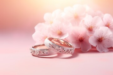 Wedding rings with seamless flower decorations, levitation,rainbow palete,white lighting on pink pastel background