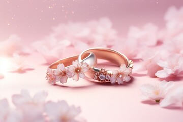 Wedding rings with seamless flower decorations, levitation,rainbow palete,white lighting on pink pastel background