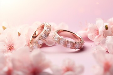 Wedding rings with seamless flower decorations, levitation,rainbow palete,white lighting on pink pastel background