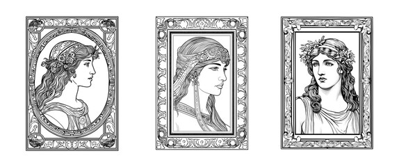 Portrait of ancient Greek women. Beautiful woman for coloring. Awesome women drawings created with generative AI.


