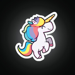 Sticker of fairy tale sleeping unicorn head and rainbow