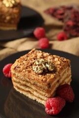 Pieces of delicious layered honey cake with nuts and raspberries on plate, closeup