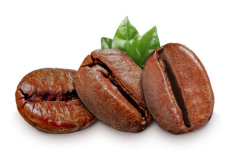 Fresh roasted coffee beans and leaves on white background