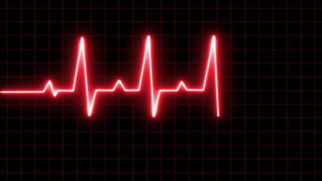 Heart shape with animated cardio pulse. Health care medical black grid background with crosses symbols of help. Looped motion graphics. neon Atrial fibrillation ECG loop animation.