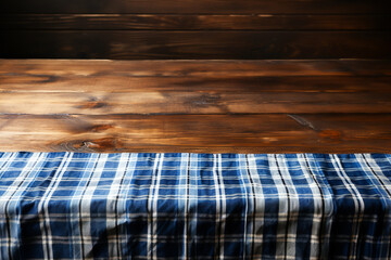 Blue and white checkered tablecloth on a wooden table, background for October festivities. Created with Generative AI.