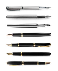 Set of fountain pens on white background, top view